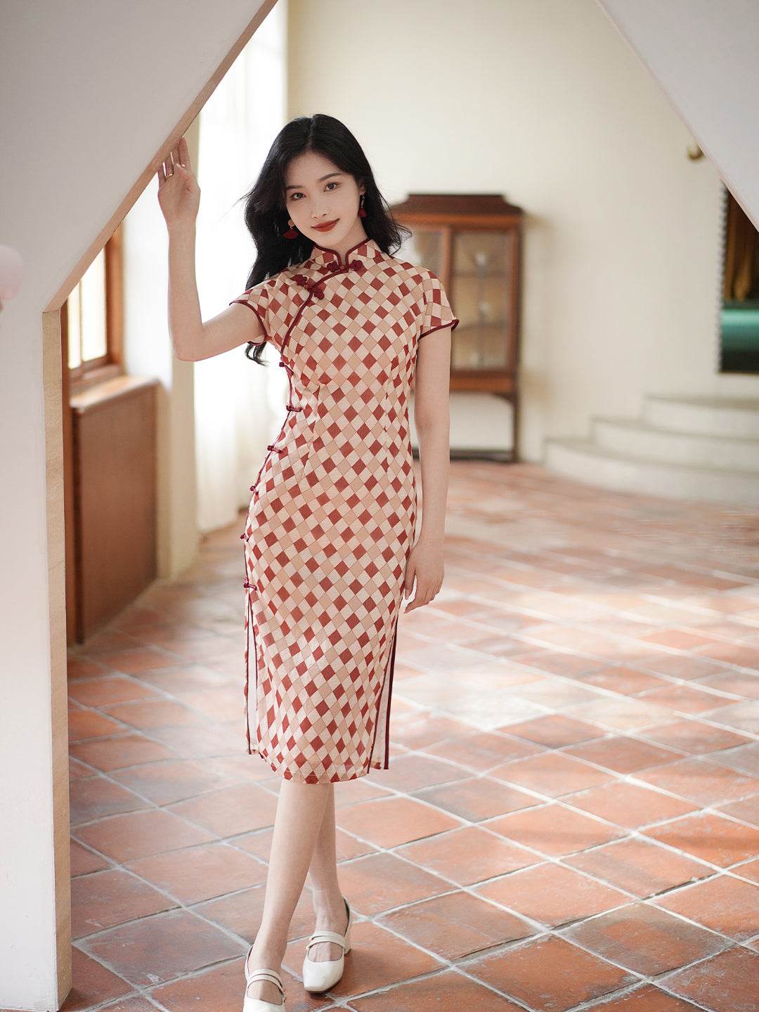 Apricot Geometric Diamond Pattern| Modern one-Pieces Qipao Dress(方仪) - Image 4