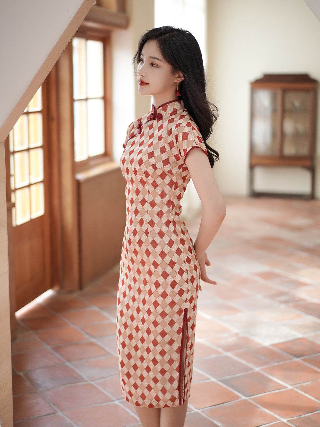 Apricot Geometric Diamond Pattern| Modern one-Pieces Qipao Dress(方仪) - Image 5