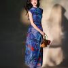 Red rose with Sapphire Blue Stretch Mesh Fabric|Full-length flared skirt(浣黎) - Thumbnail Image 7
