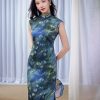 Sky-Blue Jinling Satin with Cosmic Daisies - Relaxed Silhouette | Modern one-Pieces Qipao Dress (彗予) - Thumbnail Image 1