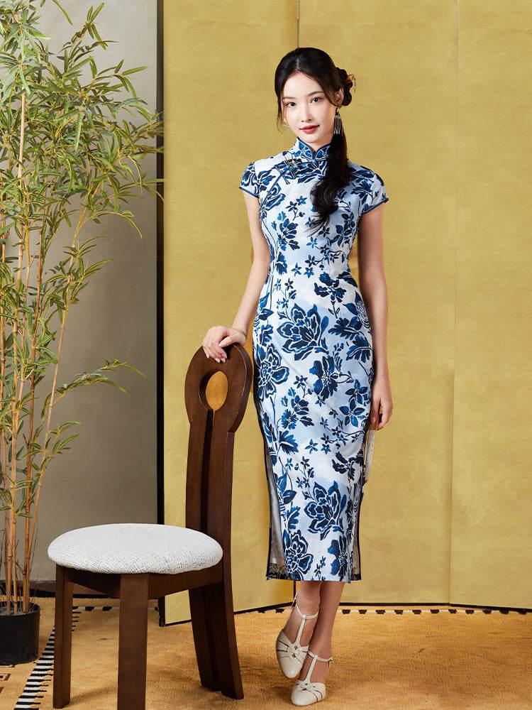 Imperial Kiln-inspired blue-white motif| Modern one-Pieces Qipao Dress(珈蓝) - Image 1