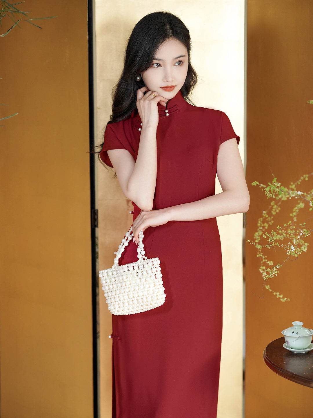 Haute Couture Red Acetate Fabric| Modern one-Pieces Qipao Dress(妗鸿) - Image 1