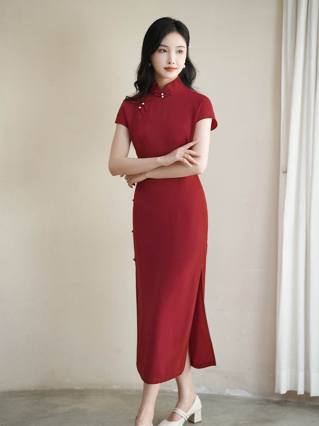 Haute Couture Red Acetate Fabric| Modern one-Pieces Qipao Dress(妗鸿) - Image 6