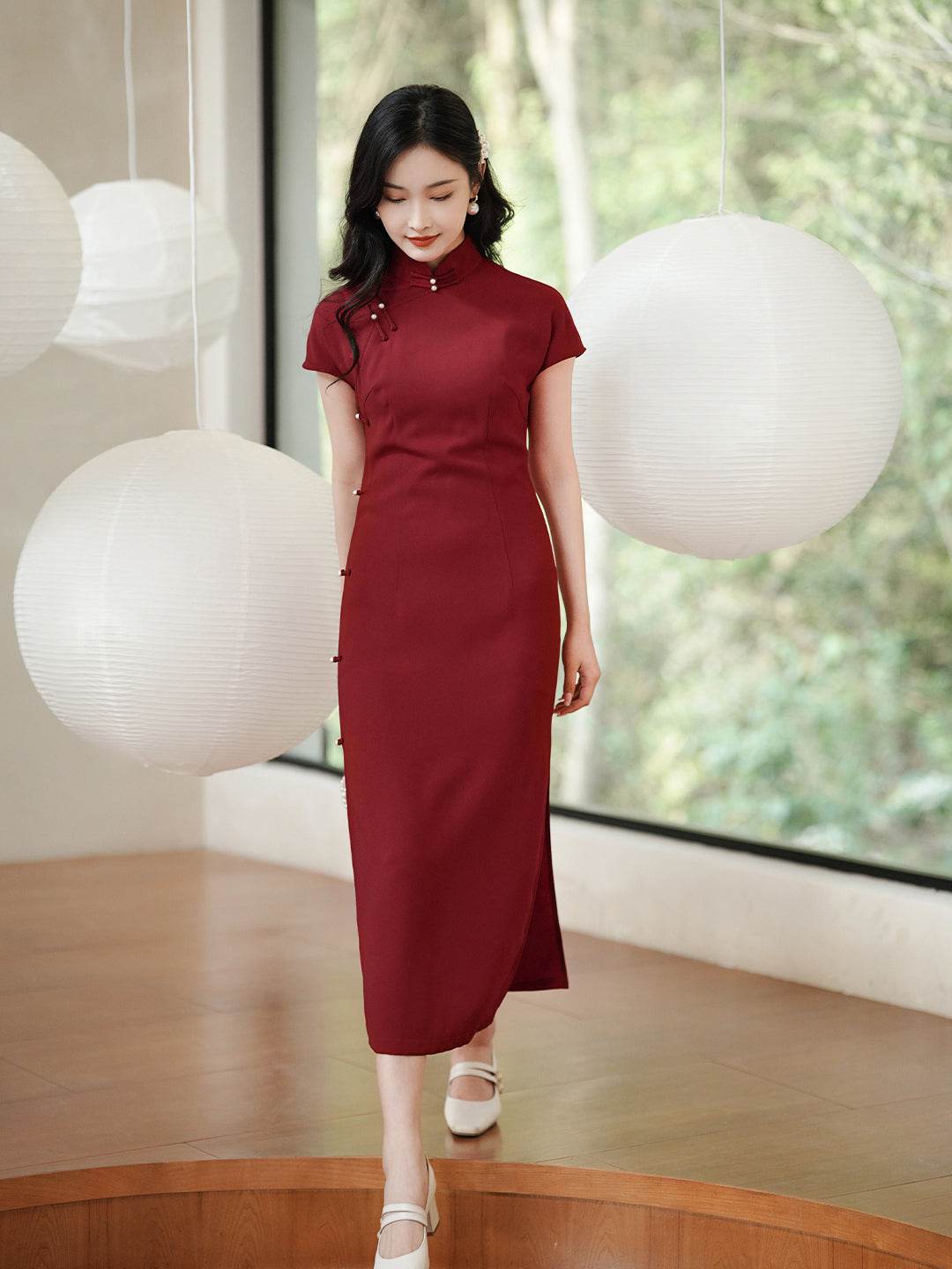 Haute Couture Red Acetate Fabric| Modern one-Pieces Qipao Dress(妗鸿) - Image 7