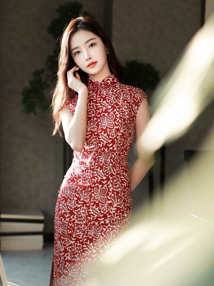 Pompeian Red Lobelia pattern| Modern one-Pieces Qipao Dress(龙葵) - Image 1