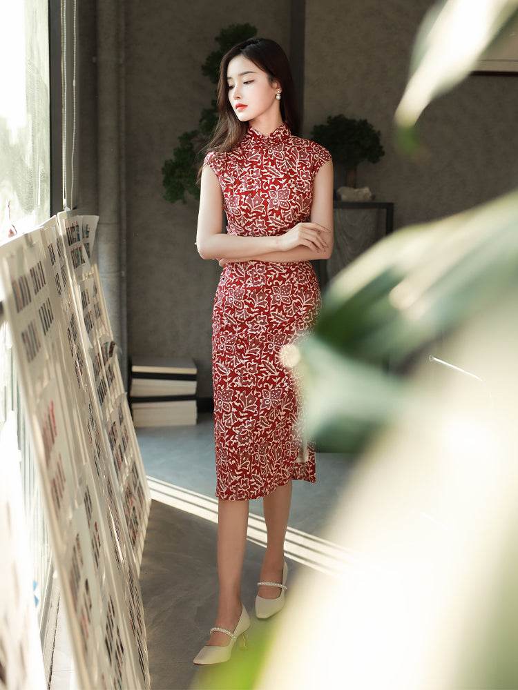 Pompeian Red Lobelia pattern| Modern one-Pieces Qipao Dress(龙葵) - Image 11