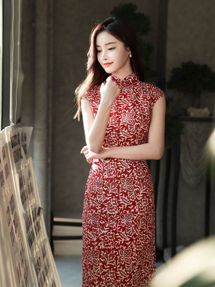 Pompeian Red Lobelia pattern| Modern one-Pieces Qipao Dress(龙葵) - Image 5