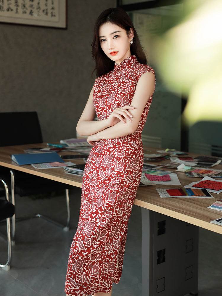 Pompeian Red Lobelia pattern| Modern one-Pieces Qipao Dress(龙葵) - Image 6