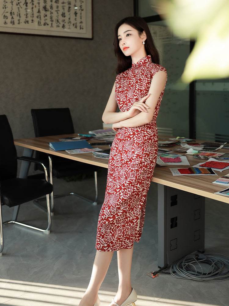 Pompeian Red Lobelia pattern| Modern one-Pieces Qipao Dress(龙葵) - Image 7