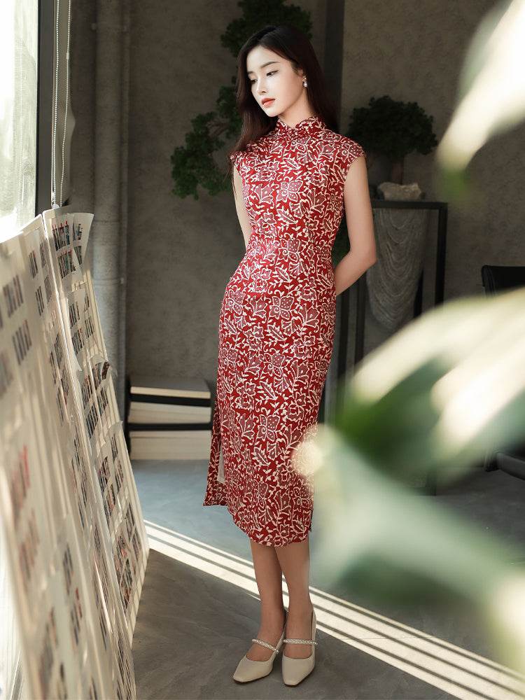 Pompeian Red Lobelia pattern| Modern one-Pieces Qipao Dress(龙葵) - Image 9