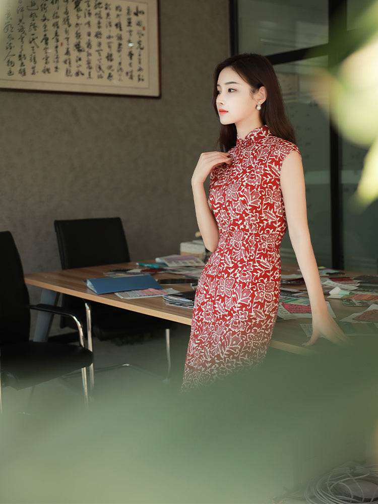 Pompeian Red Lobelia pattern| Modern one-Pieces Qipao Dress(龙葵) - Image 10