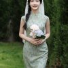 Soft green painterly print| Modern one-Pieces Qipao Dress(婺曼) - Thumbnail Image 1