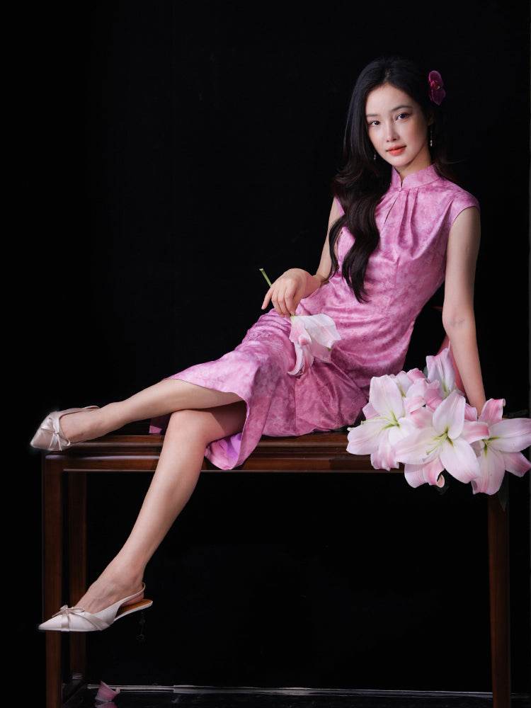 Pink Satin Jacquard Fabric with Silk Finish| Modern one-Pieces Qipao Dress(梅闵) - Image 1