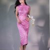 Pink Satin Jacquard Fabric with Silk Finish| Modern one-Pieces Qipao Dress(梅闵) - Thumbnail Image 11