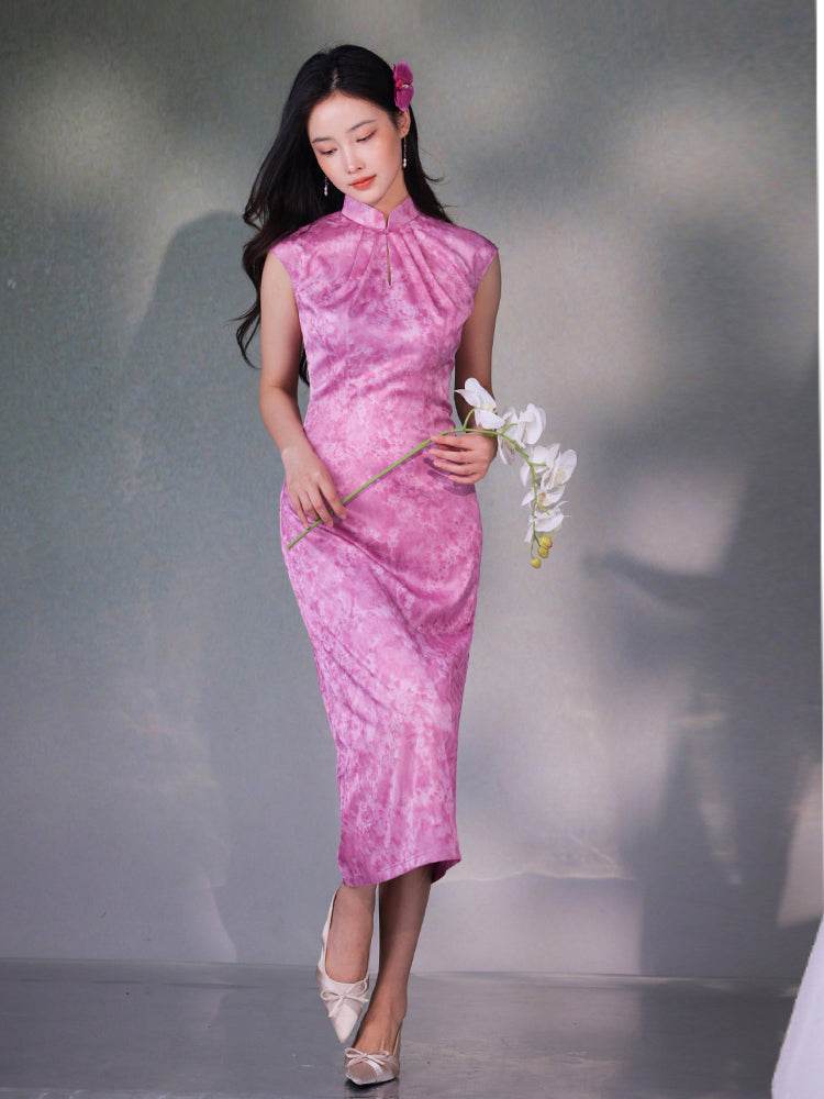 Pink Satin Jacquard Fabric with Silk Finish| Modern one-Pieces Qipao Dress(梅闵) - Image 11
