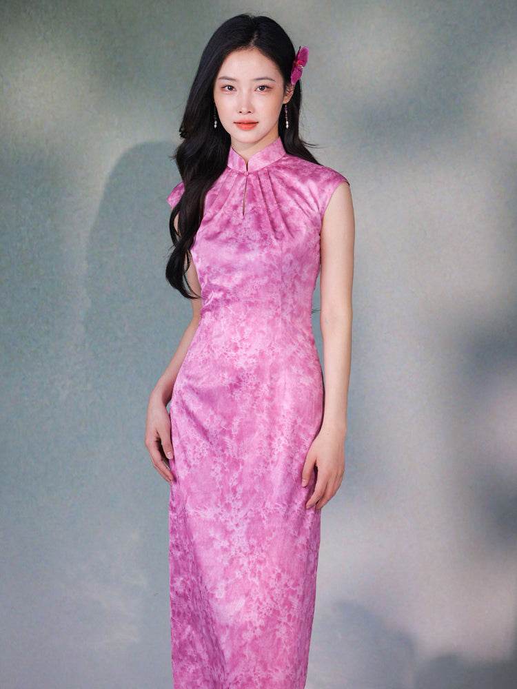 Pink Satin Jacquard Fabric with Silk Finish| Modern one-Pieces Qipao Dress(梅闵) - Image 5
