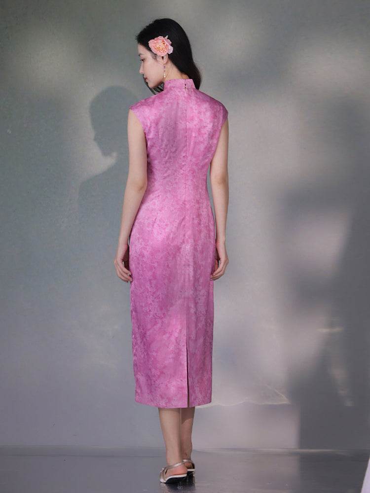 Pink Satin Jacquard Fabric with Silk Finish| Modern one-Pieces Qipao Dress(梅闵) - Image 6