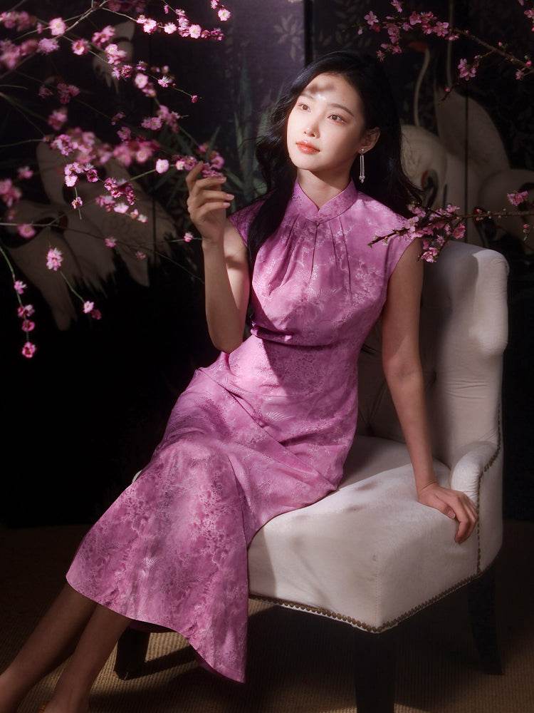 Pink Satin Jacquard Fabric with Silk Finish| Modern one-Pieces Qipao Dress(梅闵) - Image 7