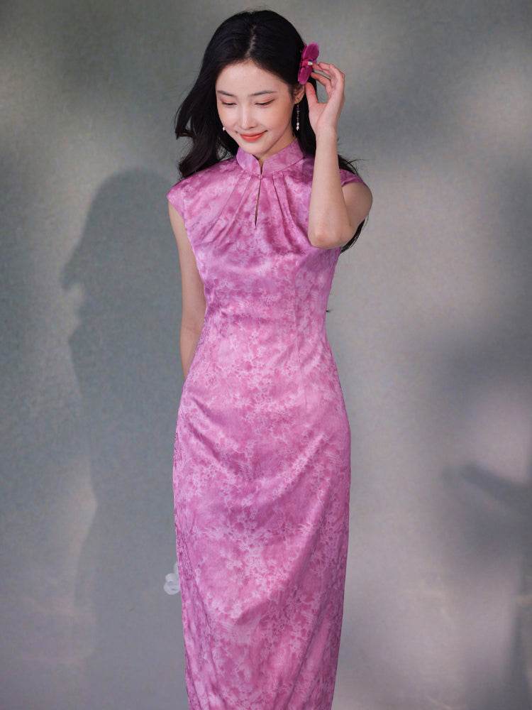 Pink Satin Jacquard Fabric with Silk Finish| Modern one-Pieces Qipao Dress(梅闵) - Image 9