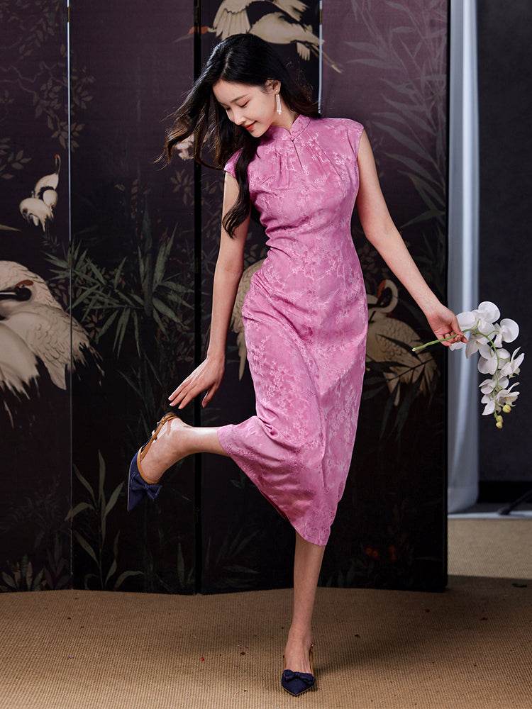 Pink Satin Jacquard Fabric with Silk Finish| Modern one-Pieces Qipao Dress(梅闵) - Image 10