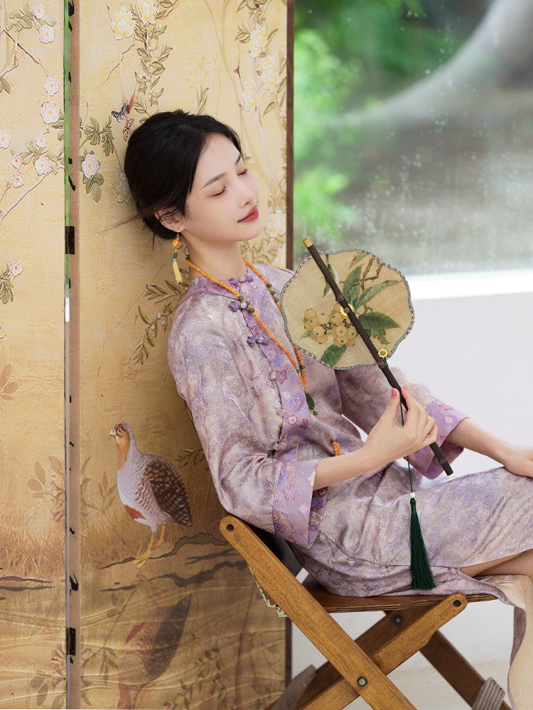 Lilac Purple Handwoven Song Brocade Silk | Modern one-Pieces Qipao Dress  (梦予) - Image 1