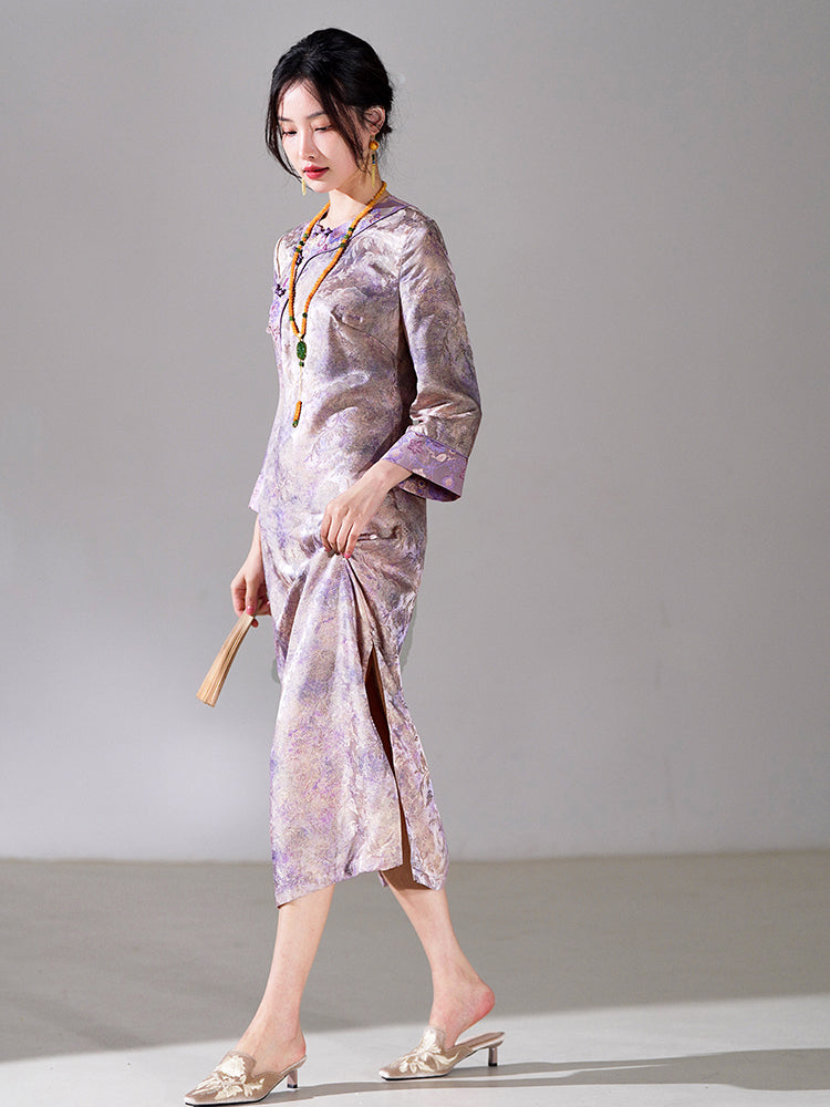 Lilac Purple Handwoven Song Brocade Silk | Modern one-Pieces Qipao Dress  (梦予) - Image 2