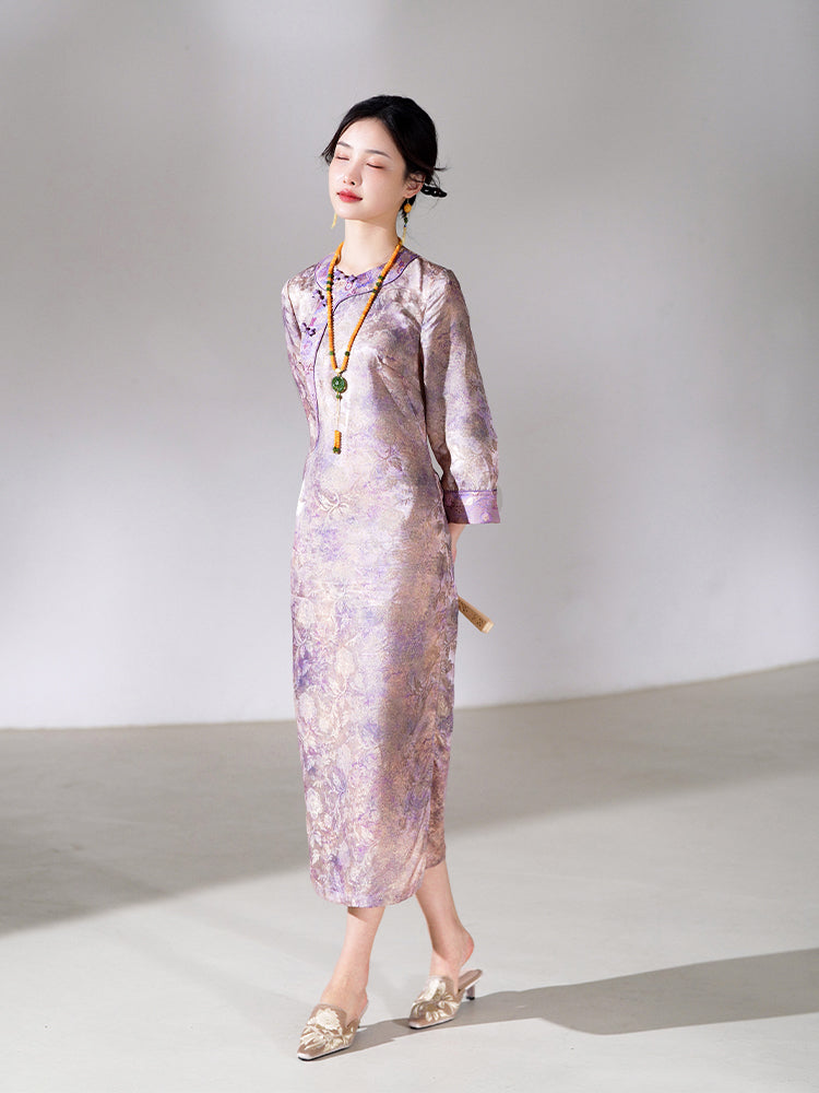Lilac Purple Handwoven Song Brocade Silk | Modern one-Pieces Qipao Dress  (梦予) - Image 3