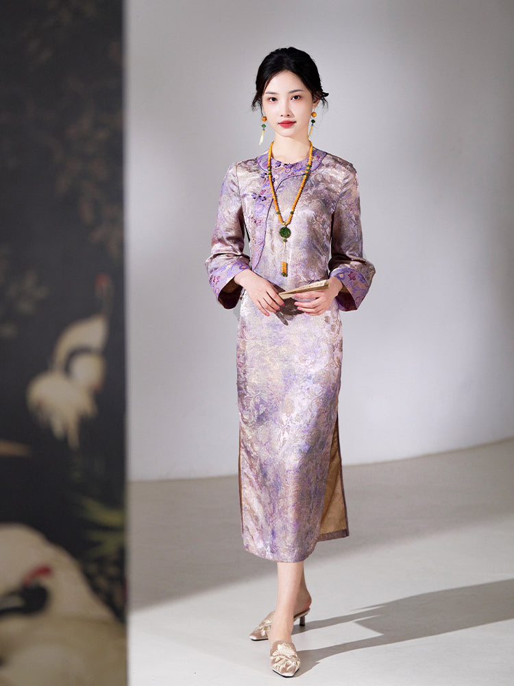 Lilac Purple Handwoven Song Brocade Silk | Modern one-Pieces Qipao Dress  (梦予) - Image 4
