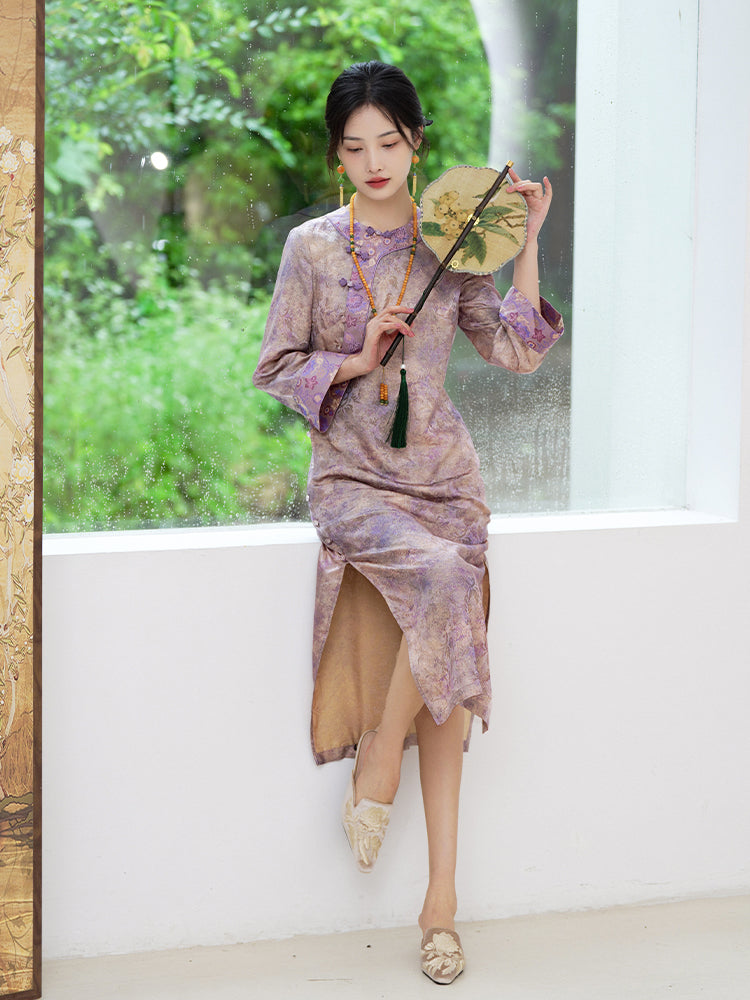 Lilac Purple Handwoven Song Brocade Silk | Modern one-Pieces Qipao Dress  (梦予) - Image 5