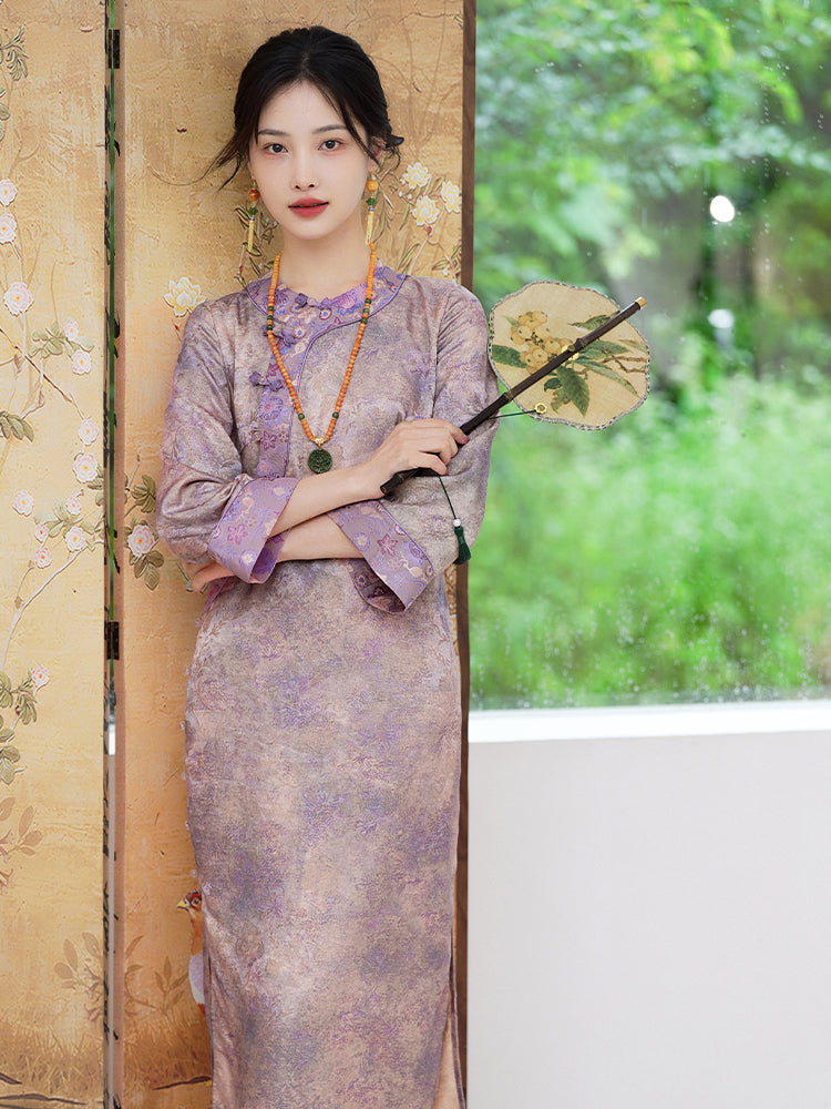 Lilac Purple Handwoven Song Brocade Silk | Modern one-Pieces Qipao Dress  (梦予) - Image 6