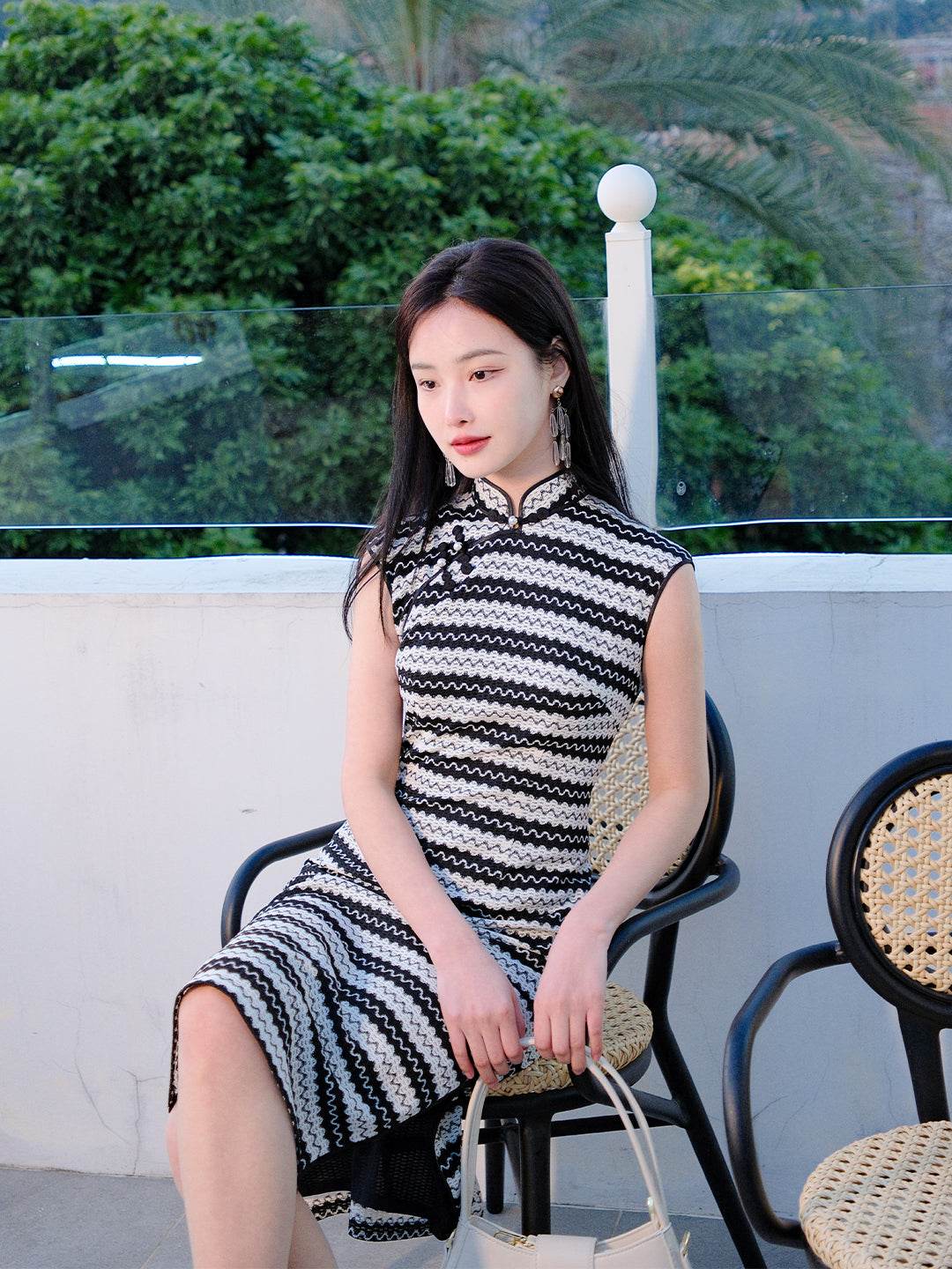 Black and white wave pattern| Modern one-Pieces Qipao Dress(觅晴) - Image 3
