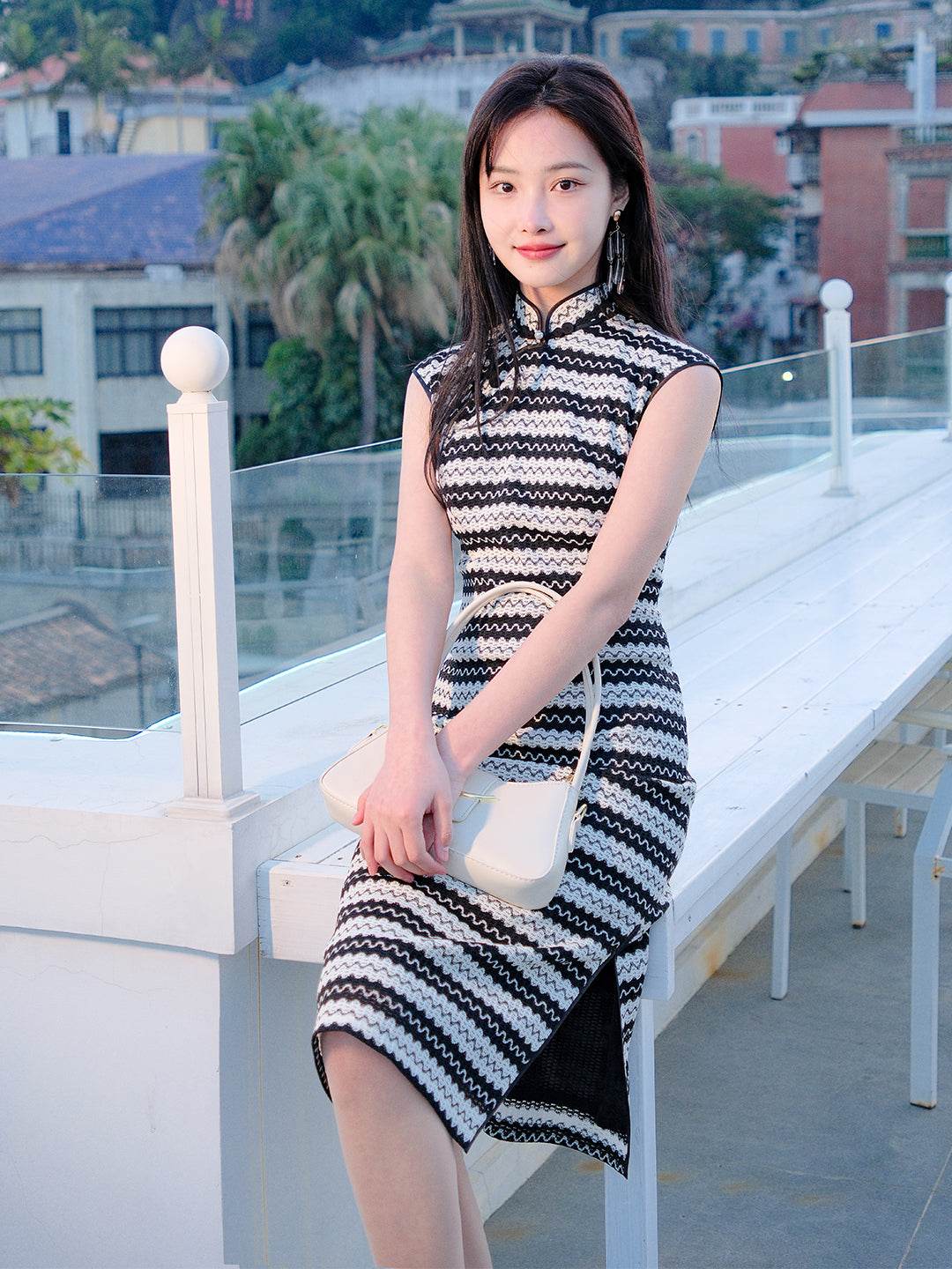 Black and white wave pattern| Modern one-Pieces Qipao Dress(觅晴) - Image 6