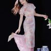 Pink Water Nymph Jinling Satin Embroidery | Modern one-Pieces Qipao Dress(浅椿) - Thumbnail Image 1