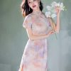 Pink Water Nymph Jinling Satin Embroidery | Modern one-Pieces Qipao Dress(浅椿) - Thumbnail Image 6