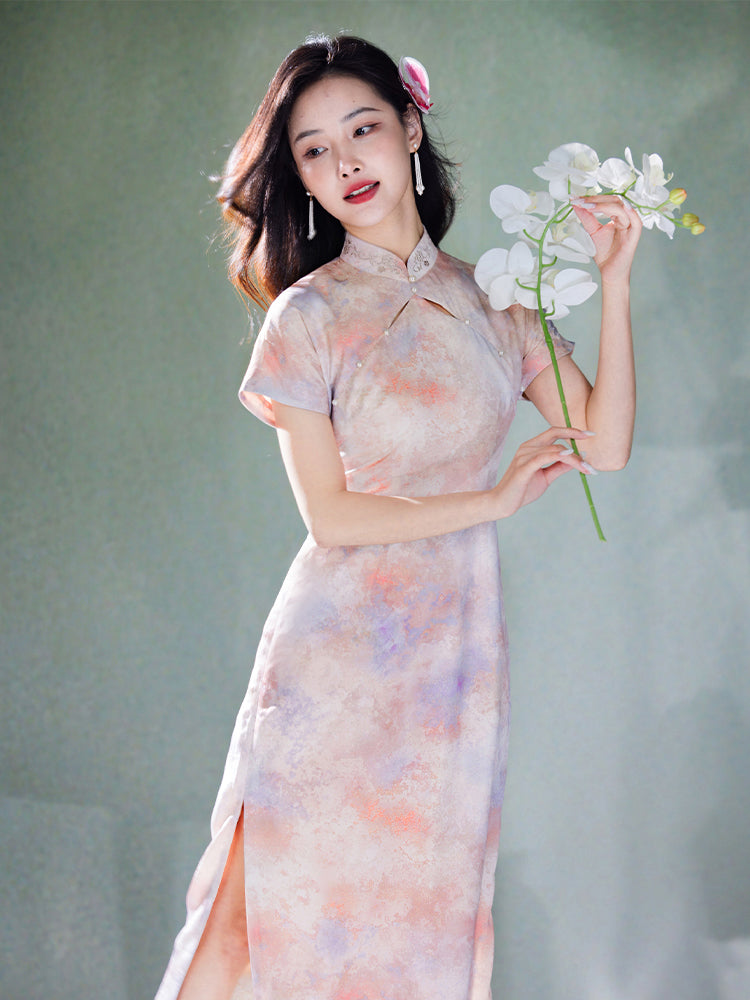 Pink Water Nymph Jinling Satin Embroidery | Modern one-Pieces Qipao Dress(浅椿) - Image 6