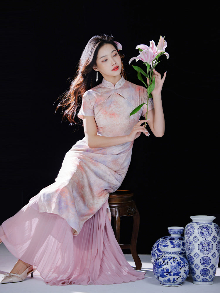 Pink Water Nymph Jinling Satin Embroidery | Modern one-Pieces Qipao Dress(浅椿) - Image 7