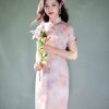 Pink Water Nymph Jinling Satin Embroidery | Modern one-Pieces Qipao Dress(浅椿) - Thumbnail Image 9