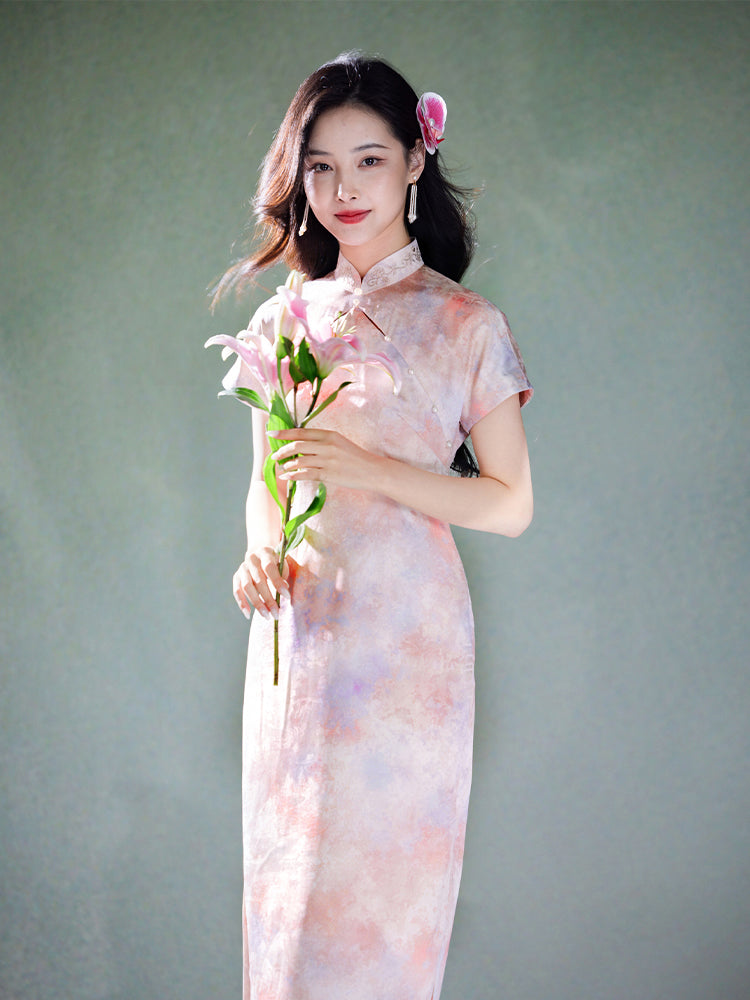 Pink Water Nymph Jinling Satin Embroidery | Modern one-Pieces Qipao Dress(浅椿) - Image 9