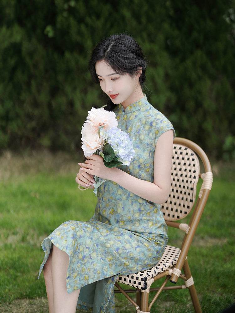 Soft green painterly print| Modern one-Pieces Qipao Dress(婺曼) - Image 4