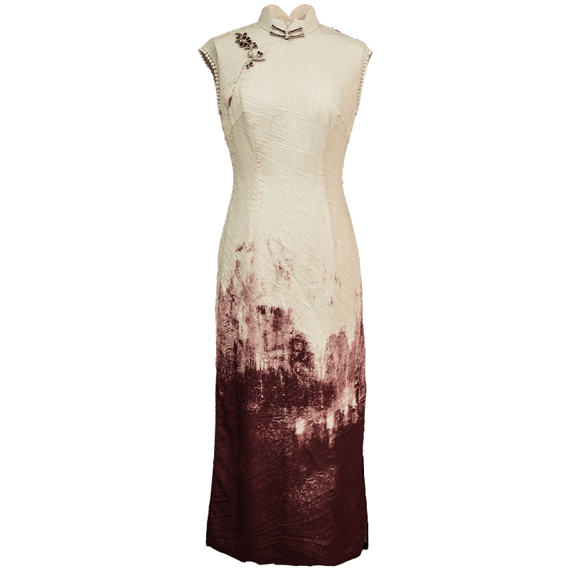 Oxblood red Mapped Ombré Dyeing | Modern one-Pieces Qipao Dress(桃浅) - Image 12