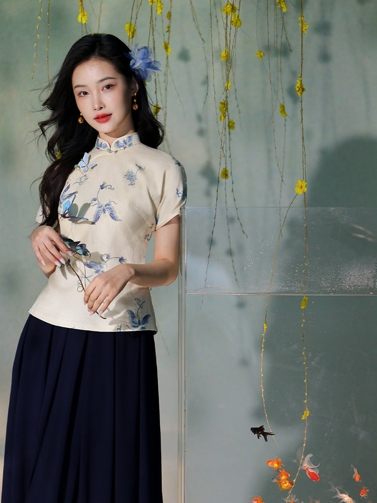 Apricot White Delicate Linen Two-Piece Set | Short Qipao Top(温言) - Image 2