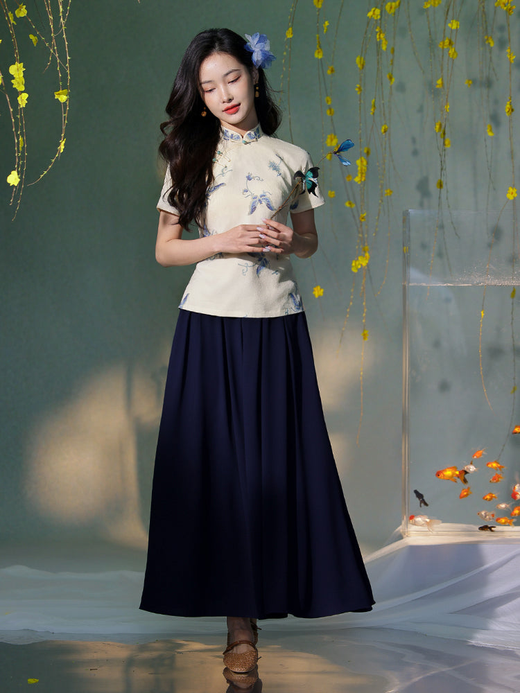 Apricot White Delicate Linen Two-Piece Set | Short Qipao Top(温言) - Image 3