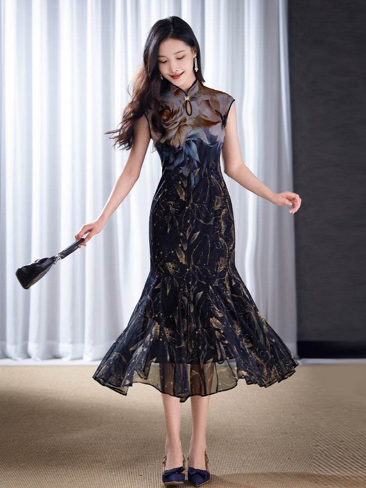 Rose print pattern|Gold-thread embroidered mermaid skirt(亦玫) - Image 3