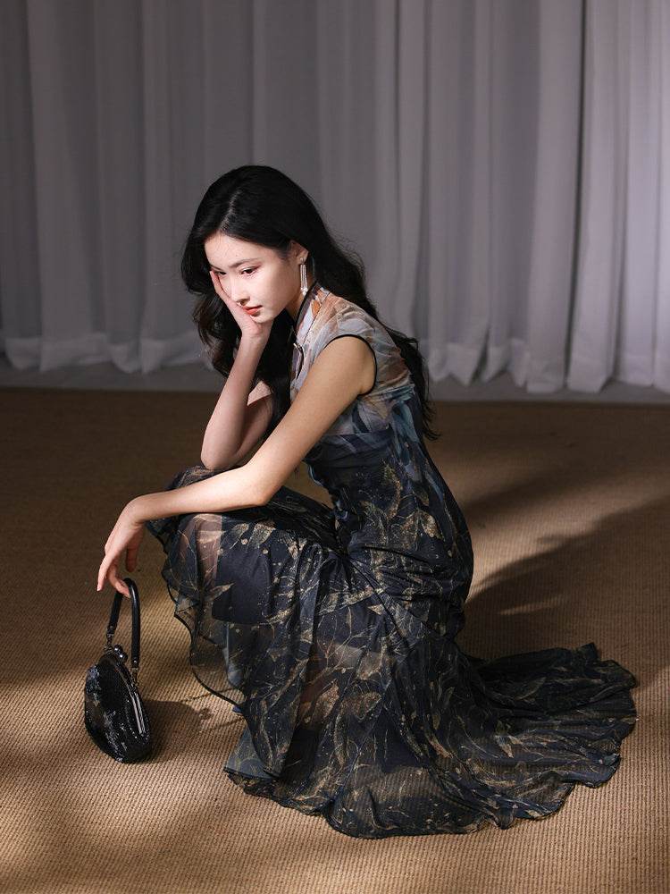 Rose print pattern|Gold-thread embroidered mermaid skirt(亦玫) - Image 5