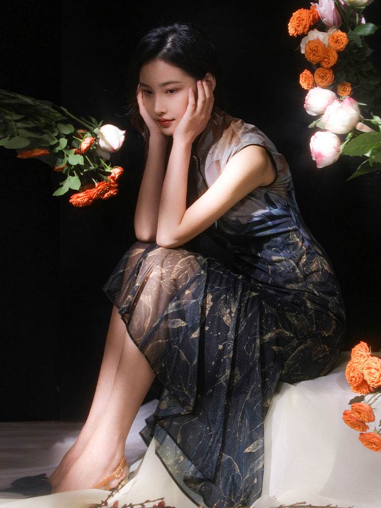 Rose print pattern|Gold-thread embroidered mermaid skirt(亦玫) - Image 6