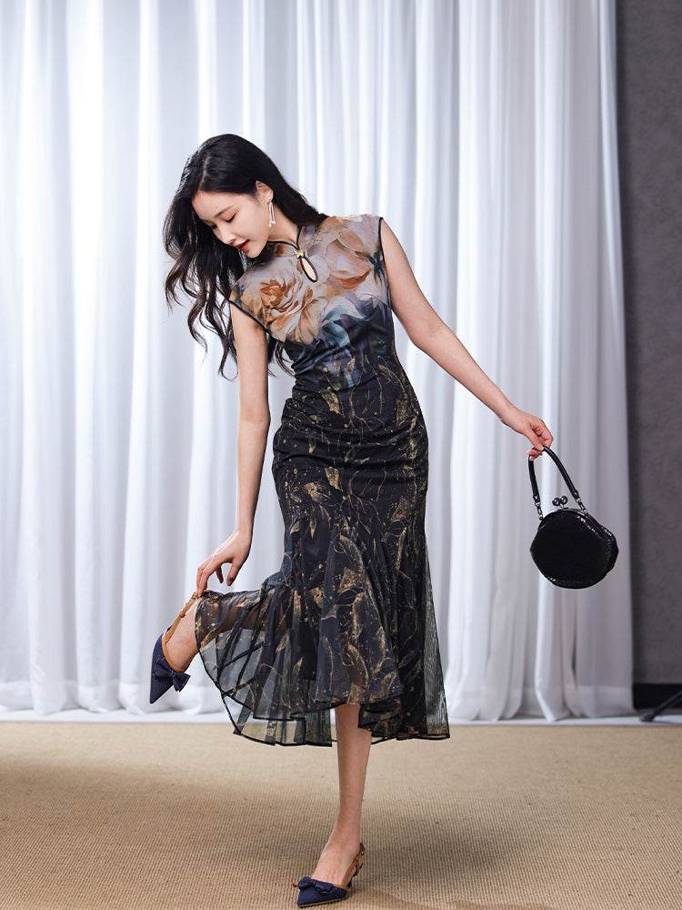 Rose print pattern|Gold-thread embroidered mermaid skirt(亦玫) - Image 8