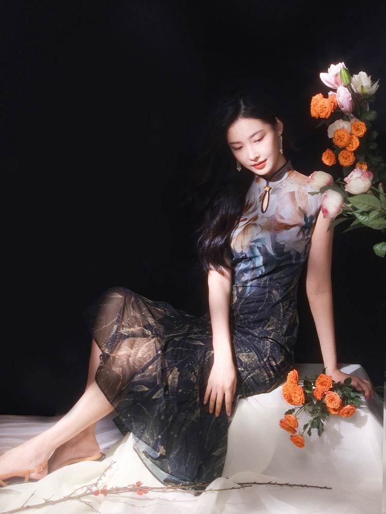 Rose print pattern|Gold-thread embroidered mermaid skirt(亦玫) - Image 1