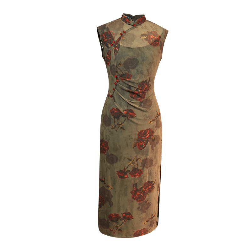 Red rose in Forest Stretch Tulle with Memory Elasticity| Modern one-Pieces Qipao Dress(悠望) - Image 12