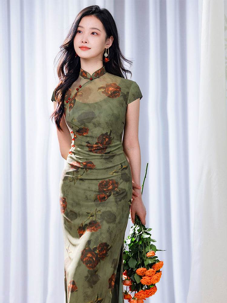Red rose in Forest Stretch Tulle with Memory Elasticity| Modern one-Pieces Qipao Dress(悠望) - Image 9