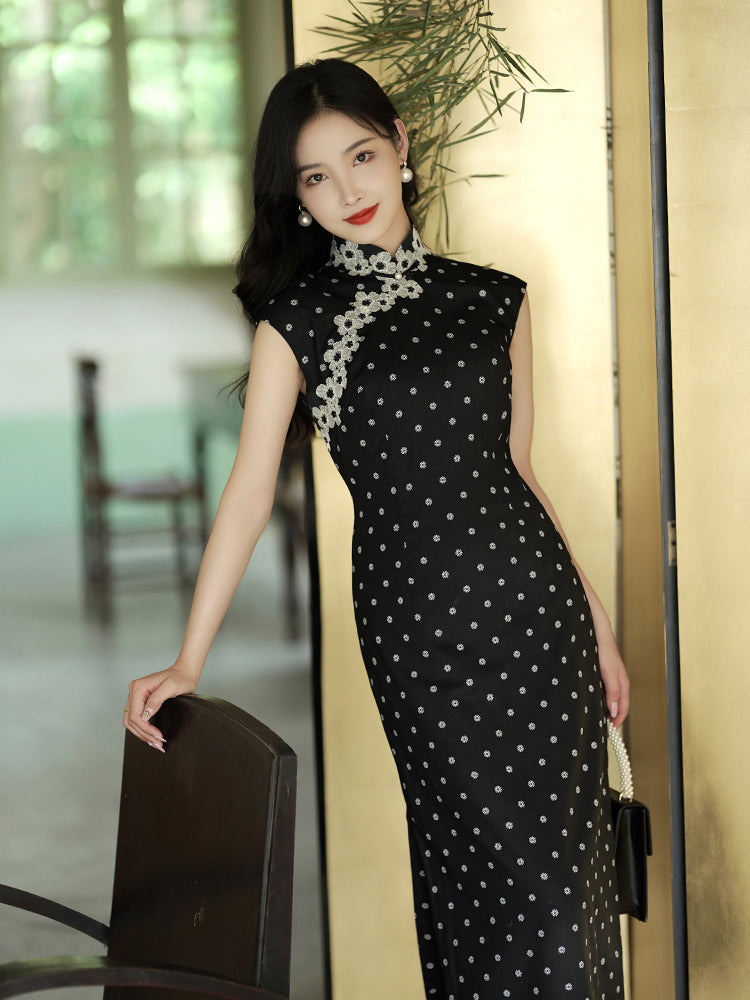 Ink-Black Shanghai Noir Polka Dots | Modern one-Pieces Qipao Dress(语莺) - Image 1